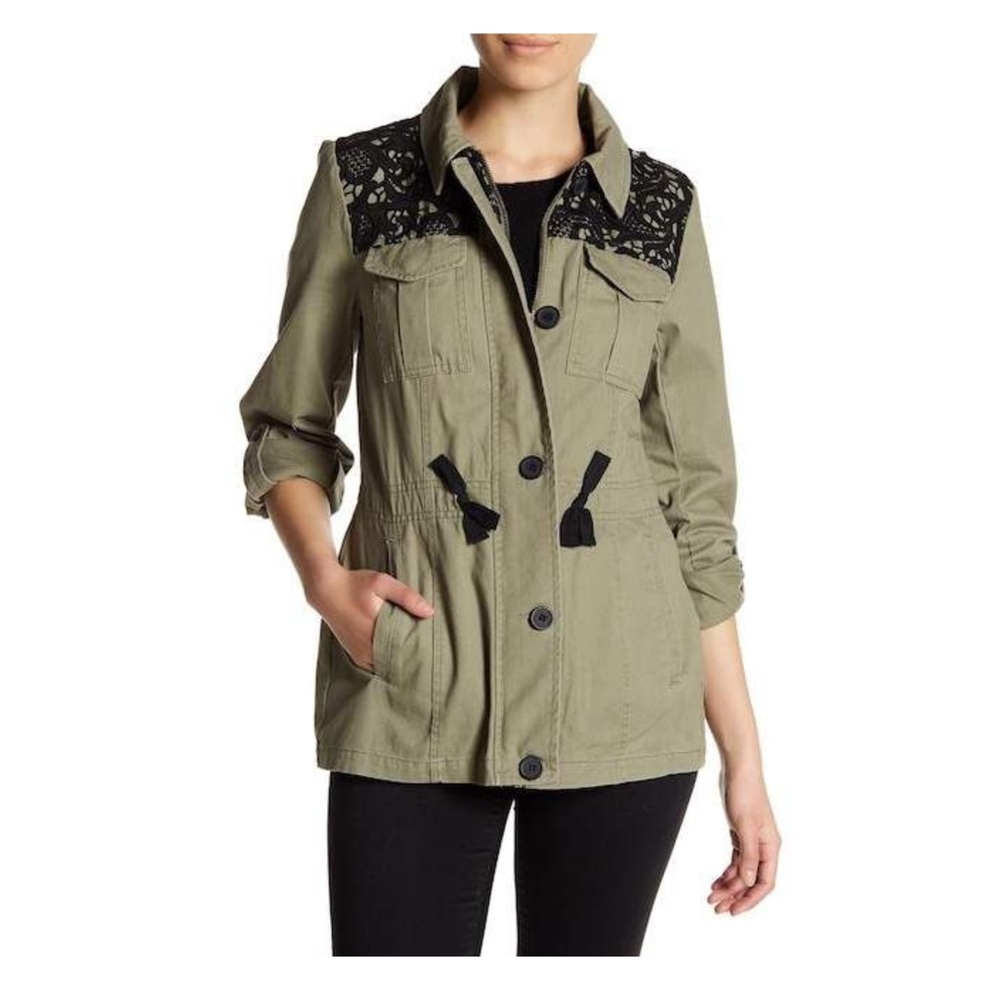 Shelby Collection Women's Military Jacket Crochet Button Front Olive Green Sz M